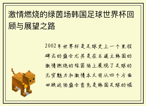 激情燃烧的绿茵场韩国足球世界杯回顾与展望之路